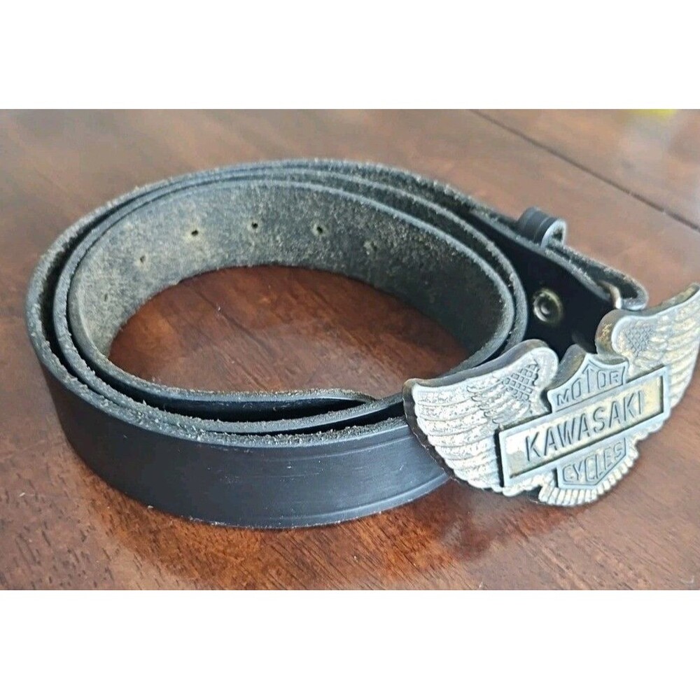 Vintage Kawasaki Motorcycles Buckle With Black Leather Belt, 49" - Picture 8 of 8